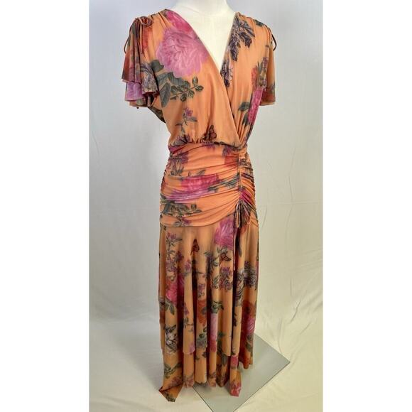 NWOT Anthropologie Maeve Simone Mesh Floral Ruched Midi Dress Orange Medium - Picture 4 of 16